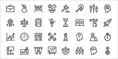 Yönetim çizgisi simgeleri. Doğrusal küme. Dünya, toplantı, strateji, toplantı, başarı, ev sahipliği, roket fırlatma, kum saati, adalet gibi kalite vektör çizgisi