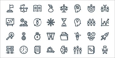 Yönetim çizgisi simgeleri. Doğrusal küme. Kaliteli vektör çizgisi: ofis koltuğu, takım, çevik, sunucu, karar, kronometre, grafik, kum saati, ayarlar