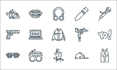 Hip hop çizgisi simgeleri. Doğrusal küme. Kolsuz bluz, el, eğlence gözlükleri, şapka, yüzük, tabanca, uzi, puro, altın diş gibi kalite vektör dizileri