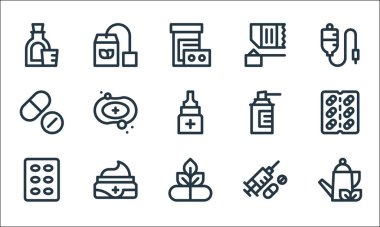İlaç çizgisi simgeleri. Doğrusal küme. Bitkisel çay, doğal, haplar, krema, haplar, temizlik spreyi, protein içeceği, bitkisel çay gibi kalite vektör dizileri