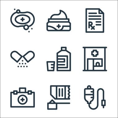 İlaç çizgisi simgeleri. Doğrusal küme. Kaliteli vektör çizgisi: serum, protein karışımı, ilk yardım çantası, eczane, karışım, probiyotik, tıbbi reçete, krem.