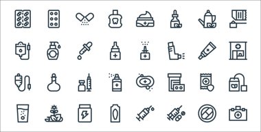 İlaç çizgisi simgeleri. Doğrusal küme. İlk yardım çantası, ilaç, fitil, coşku, boğaz, aşı, eczane, burun spreyi, antiseptik gibi kalite vektör dizileri