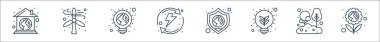 Dünya çizgisi simgeleri. Doğrusal küme. Çiçek, ağaç, eko ampul, gezegeni kurtarma, geri dönüşüm, ekolojik ampul, rüzgar enerjisi gibi kalite vektör çizgisi kümesi