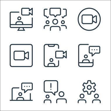 Çalışma ofisi ve buluşma çizgisi simgeleri. Doğrusal küme. Kalite vektör çizgisi ayarlama, uyarı, sohbet, akıllı telefon, video çağrısı, toplantı, webcam, iş adamları gibi