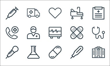 Tıbbi öğeler çizgisi simgeleri. Doğrusal küme. Hastane, kapsül, pipet, termometre, test tüpü, telefon, alçı, hastane yatağı, ambulans gibi kalite vektör dizileri