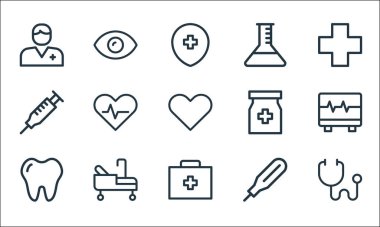 Tıbbi öğeler çizgisi simgeleri. Doğrusal küme. Stetoskop, ilaç kutusu, diş, termometre, hastane yatağı, enjeksiyon, şişe, test tüpü, göz gibi kalite vektör dizileri