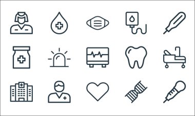 Tıbbi öğeler çizgisi simgeleri. Doğrusal küme. Pipet, kalp, hastane, DNA, doktor, şişe, diş, infüzyon, kan gibi kalite vektör çizgisi