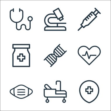 Tıbbi öğeler çizgisi simgeleri. Doğrusal küme. Hastane yatağı, maske, kalp, DNA, şişe, enjeksiyon, mikroskop gibi kalite vektör çizgisi