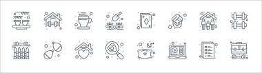 Ev çizgisi simgelerinde kalın. Doğrusal küme. Alet kutusu, çevrimiçi öğrenme, kızarmış yumurta, sınır gibi kalite vektör çizgisi seti, evde kal, sıcak fincan, iskambil kağıdı, egzersiz