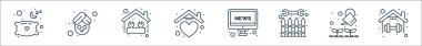 Ev çizgisi simgelerinde kalın. Doğrusal küme. Kaliteli vektör çizgisi: egzersiz, bahçıvanlık, sınır, haber raporu, emlak, ev onarımı, kaplıca ve rahatlama.