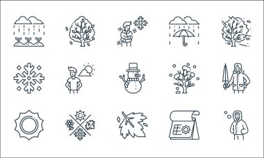 Düz mevsim çizgisi simgeleri. Doğrusal küme. Kış giysileri, akçaağaç yaprağı, güneş, yaz, mevsim, kar tanesi, kış ağacı, şemsiye gibi kalite vektör dizileri,