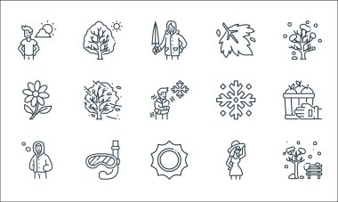 Düz mevsim çizgisi simgeleri. Doğrusal küme. Park, güneş, kış giysileri, giysi, tüple dalış, çiçek, kar tanesi, akçaağaç yaprağı gibi kalite vektör çizgisi kümesi