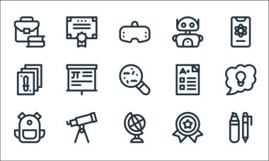 İnek çizgisi simgeleri. Doğrusal küme. Kalem, dünya, okul çantası, ödüller, teleskop, poker kartları, sınav, robot diploması gibi kalite vektör dizileri