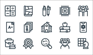 İnek çizgisi simgeleri. Doğrusal küme. Satranç, bakteri, evrak çantası, inek, ödül, sınav, kitap, işlemci, çizgi roman gibi kalite vektör dizileri