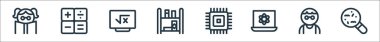 İnek çizgisi simgeleri. Doğrusal küme. bakteri, inek, molekül, işlemci, kütüphane, karatahta, hesap makinesi gibi kalite vektör çizgisi kümesi