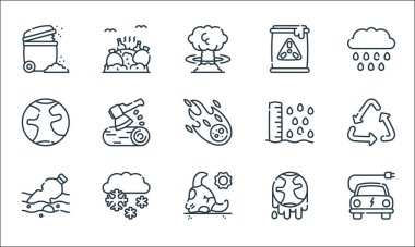 İklim değişikliği çizgisi simgeleri. Doğrusal küme. Elektrikli araba, boğa, su kirliliği, iklim değişikliği, kar, toprak, deniz seviyesi, nükleer atık gibi kalite vektör çizgisi
