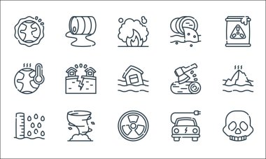 İklim değişikliği çizgisi simgeleri. Doğrusal küme. Kafatası, nükleer, deniz seviyesi, elektrikli araba, kasırga, küresel ısınma, ormansızlaşma, su kirliliği, petrol varili gibi kalite vektör çizgisi