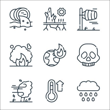 İklim değişikliği çizgisi simgeleri. Doğrusal küme. Yağmur, sıcaklık, rüzgar, kafatası, küresel ısınma, şenlik ateşi, rüzgar soketi, kuraklık gibi kalite vektör çizgisi
