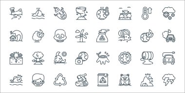 İklim değişikliği çizgisi simgeleri. Doğrusal küme. Gök gürültülü fırtına, kutup ayısı, orman tahrip, ölü, yağ varili, boğa, yardımcı, elektrik santrali, yanan ağaç gibi kalite vektör çizgisi