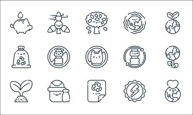 Toprak Ana çizgi simgeleri. Doğrusal küme. Aşk, geri dönüştürülmüş kağıt, bitki, güneş enerjisi, cam, eko torbası, plastik, deprem, rüzgar enerjisi gibi kalite vektör çizgisi kümesi