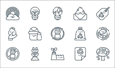 Toprak Ana çizgi simgeleri. Doğrusal küme. Ağaç, eko fabrikası, plastik yok, geri dönüştürülmüş kağıt, enerji, gül, eko çanta, buzdağı, eko ışık gibi kalite vektör çizgisi