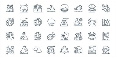 İklim değişikliği çizgisi simgeleri. Doğrusal küme. Volkan, tsunami, elektrikli araba, kuraklık, ormansızlaşma, iklim değişikliği, deniz seviyesi, elektrik santrali, çöplük gibi kalite vektör çizgisi