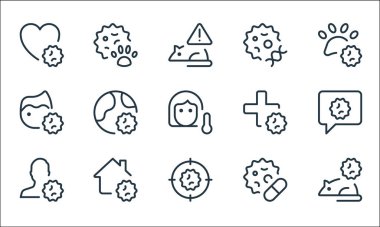 Koronavirüs çizgisi simgeleri. Doğrusal küme. Kemirgen, hedef, bulaşıcı, hap, virüs kalkanı, hasta, ilaç, DNA, virüs gibi kalite vektör çizgisi