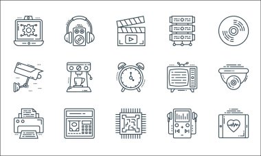 Teknoloji cihazları çizgi simgeleri. Doğrusal küme. Tıbbi uygulama, mikroişlemci, yazıcı, müzik çalar, ATM, ccTV kamera, televizyon, sunucu, woofer gibi kalite vektör dizileri