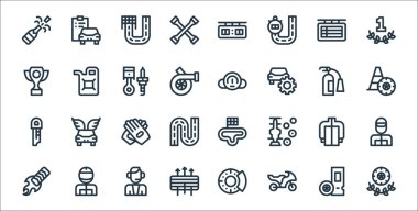 Otomatik yarış çizgisi simgeleri. Doğrusal küme. Kazanan, motosiklet, hava filtresi, hızlandırıcı, ceket, eldiven, koni, hız göstergesi, yakıt gibi kalite vektör çizgisi kümesi