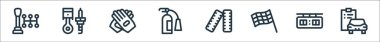 Otomatik yarış çizgisi simgeleri. Doğrusal küme. Tanı, zaman, bitiş bayrağı, tekerlekler, yangın söndürücü, eldiven, piston gibi kalite vektör çizgisi