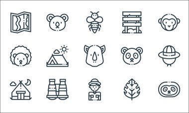 orman çizgisi simgeleri. Doğrusal küme. Tembel hayvan, kaşif, kamp çadırı, yaprak, dürbün, kirpi, panda, koala gibi kalite vektör çizgisi