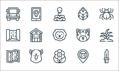 orman çizgisi simgeleri. Doğrusal küme. Bıçak, çiçek, harita, şelale, gergedan, şelale, jaguar, yaprak, akıllı telefon gibi kalite vektör dizileri