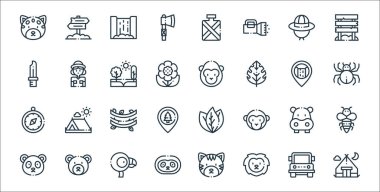 orman çizgisi simgeleri. Doğrusal küme. Kamp çadırı, aslan, miskin hayvan, panda, su ayısı, sarmaşık, örümcek, goril, kâşif gibi kalite vektör çizgisi