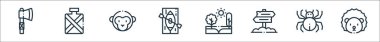 orman çizgisi simgeleri. Doğrusal küme. Kirpi, örümcek, ağaç, kano, maymun, su şişesi gibi kalite vektör çizgisi kümesi