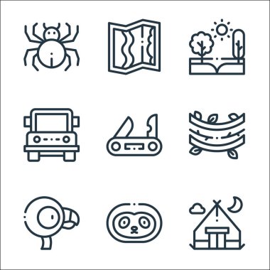 orman çizgisi simgeleri. Doğrusal küme. Kamp çadırı, miskin hayvan, flamingo, asma, İsviçre bıçağı, ağaçlar, harita gibi kalite vektör çizgileri