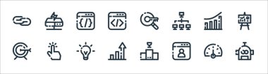 seo pazarlama çizgisi simgeleri. Doğrusal küme. Robot, blog, grafik, hedef, grafik, programlama dili, anahtar kelime, sunucu gibi kalite vektör satırı kümesi