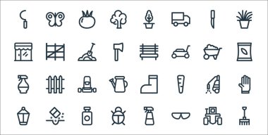 peyzaj ekipman hattı simgeleri. Doğrusal küme. kalite vektör çizgisi seti: tırmık, Google, böcek, su kovası, fıskiye, çim biçme makinesi, ağaç tohumu, bank, çit