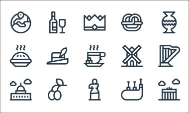 Avrupa çizgisi simgeleri. Doğrusal küme. Brandenburg kapısı, heykel, Aziz Paul Katedrali, gayda, zeytin, elmalı turta, yel değirmeni, simit, şarap gibi kalite vektör dizileri