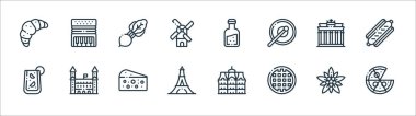 Avrupa çizgisi simgeleri. Doğrusal küme. Pizza, waffle, Eyfel Kulesi, Sangria, Brandenburg kapısı, turp, orujo, akordeon gibi kalite vektör dizileri