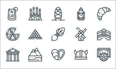 Avrupa çizgisi simgeleri. Doğrusal küme. Futbol, midye, kapı, kask, alpler, pizza, yel değirmeni, büyük Ben, sagrada fama gibi kalite vektör dizileri