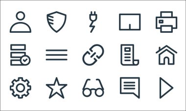 kullanıcı arayüzü satır simgeleri. Doğrusal küme. Oynat düğmesi, güneş gözlüğü, dişli, bildirim, yıldız, veri, haber, touchpad, kalkan gibi kalite vektör dizisi