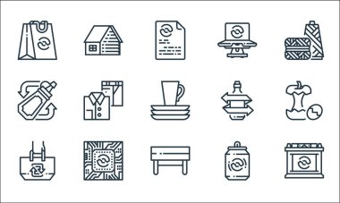 Geri dönüşüm çizgisi simgeleri. Doğrusal küme. Batarya, bank, çanta, meşrubat kutusu, işlemci, sos şişesi, cam şişe, dizüstü bilgisayar, ev gibi kalite vektör dizileri