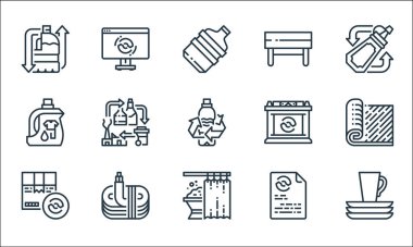 Geri dönüşüm çizgisi simgeleri. Doğrusal küme. Bulaşık takımı, duş perdeleri, karton kutu, kağıt, tel, çamaşır deterjanı, piller, bank, monitör gibi kalite vektör dizileri