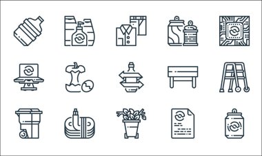 Geri dönüşüm çizgisi simgeleri. Doğrusal küme. Softdrink kutusu, atık, geri dönüşüm kutusu, kağıt, tel, dizüstü bilgisayar, bank, kutu, şampuan gibi kalite vektör dizileri