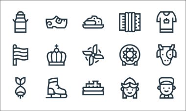 Holland Hattı ikonları. Doğrusal küme. Erkek, tekne, ampul, kız, buz pateni ayakkabısı, Hollanda, seramik, akordeon, takunya gibi kalite vektör dizileri