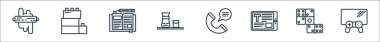 Ev çizgisi simgelerinde kalın. Doğrusal küme. Video oyunu, domino, kitap, arama, kahve, günlük, blok gibi kalite vektör dizileri
