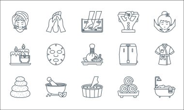 Spa çizgisi simgeleri. Doğrusal küme. Kaliteli vektör çizgisi küvet, pedikür, taş, havlu, havan, mum, sauna, masaj, ayak masajı gibi
