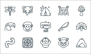 orman çizgisi simgeleri. Doğrusal küme. Mağara, şapka, kırkayak, aslan, pusula, tukan, pala, şelale, fil gibi kalite vektör dizileri