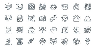 orman çizgisi simgeleri. Doğrusal küme. Mantar, çiçek, şapka, bitki, palmiye, kulübe, mağara, kırkayak, kürtaj gibi kalite vektör dizileri