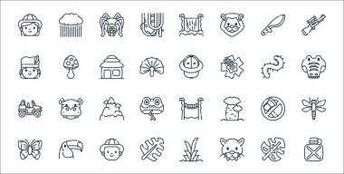 orman çizgisi simgeleri. Doğrusal küme. Matara, panter, yaprak, kelebek, kesme yok, dağ, timsah, şapka, mantar gibi kalite vektör çizgisi